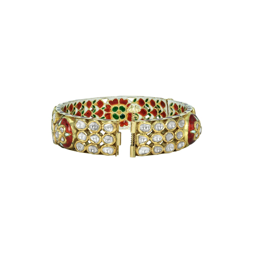 Floral Polki Bangle with Red and Green Meenakari Enamel Work